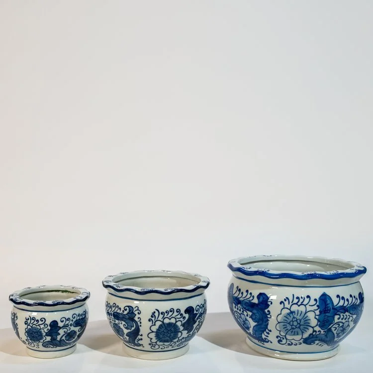 Blue + White Porcelain Pots (8" x 5.3") + (6.3" x 4.9") + (4.7" x 4.3")