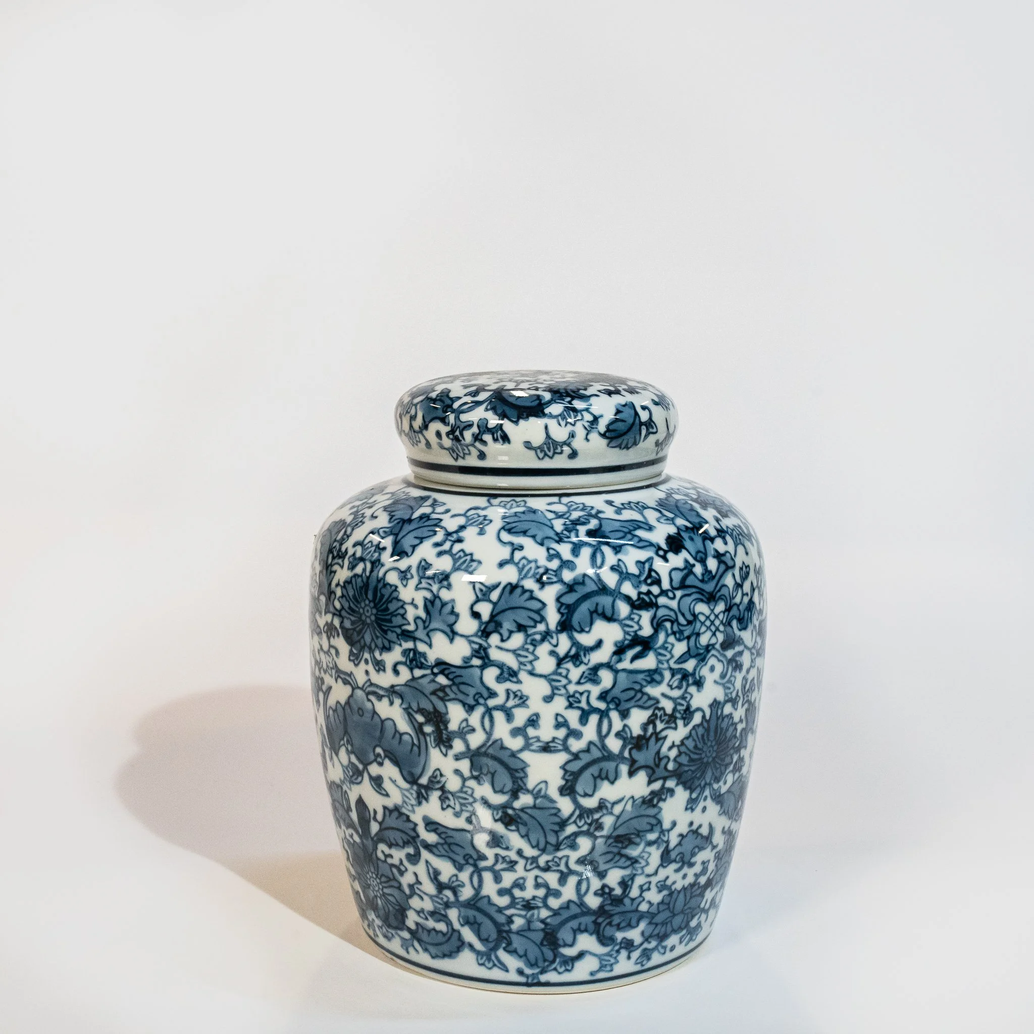 Blue + White Ceramic Jar With Lid (6" x 6" x 7")