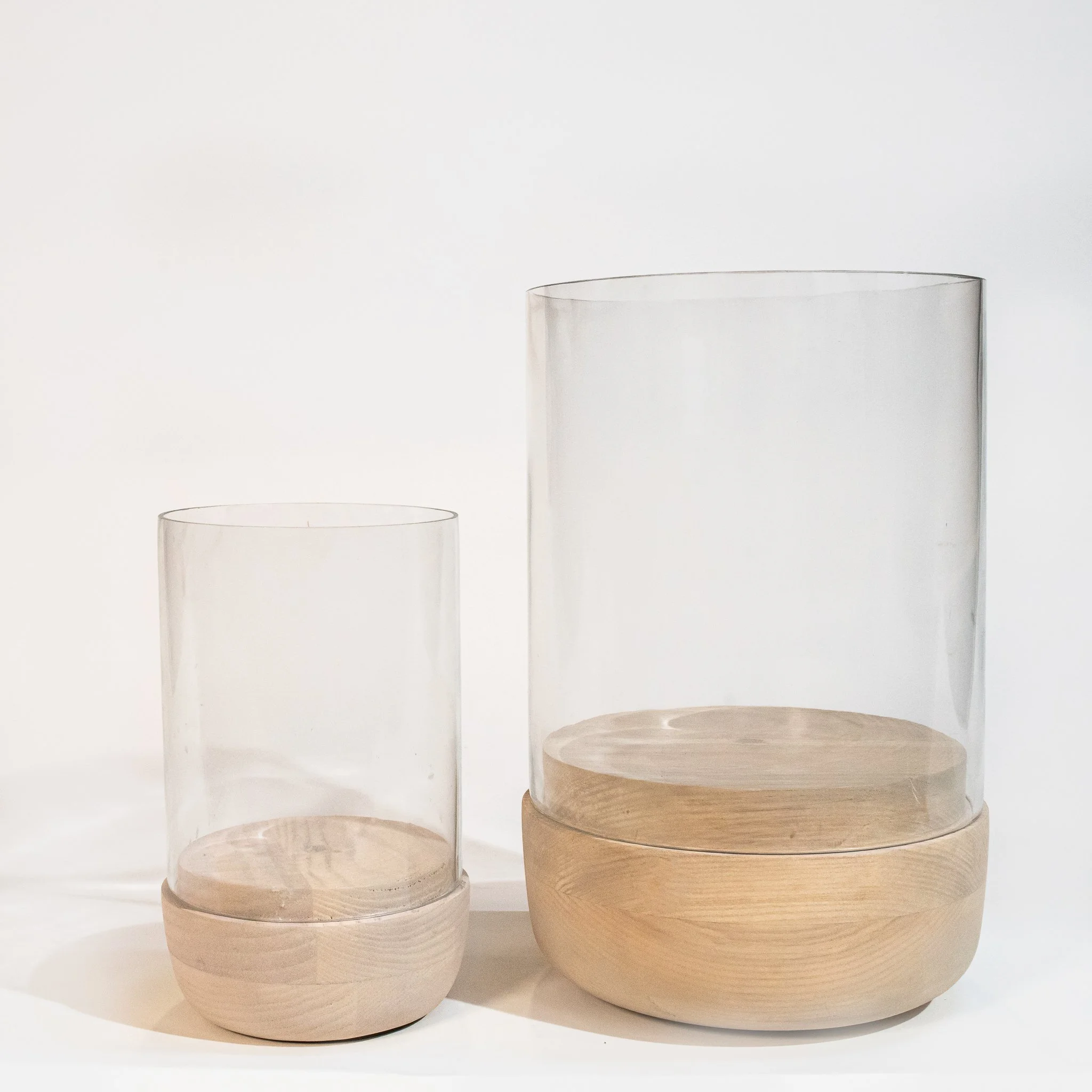 Curve Wood and Glass Hurricane Candle Holder (12.5") + (9.5")