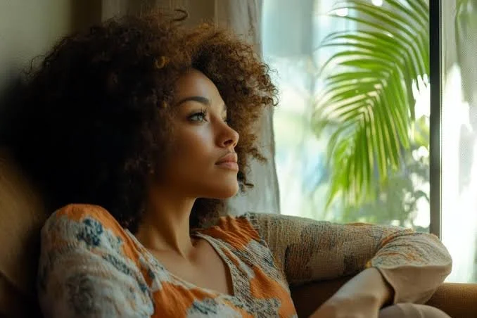 Woman with curly hair sitting on a couch near a window, gazing outside with a calm expression, with green plants visible outside the window.