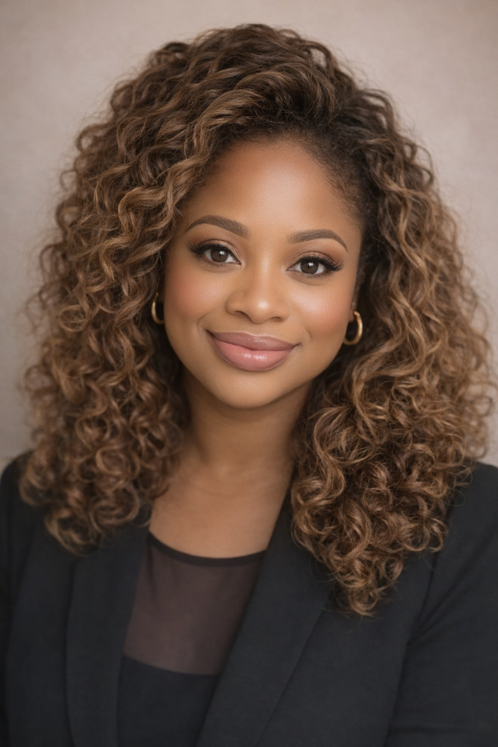 Portrait of a young woman with curly brown hair, wearing a black blazer and gold hoop earrings, smiling gently at the camera.