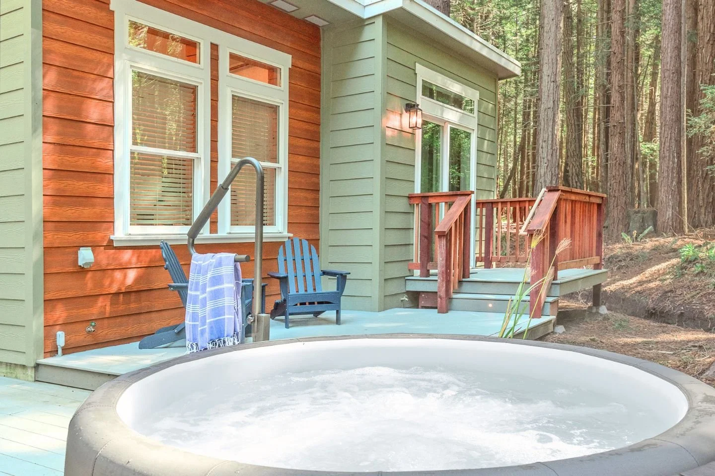 Relax in your private hot tub under towering redwoods. Available 24/7 exclusively for your use
