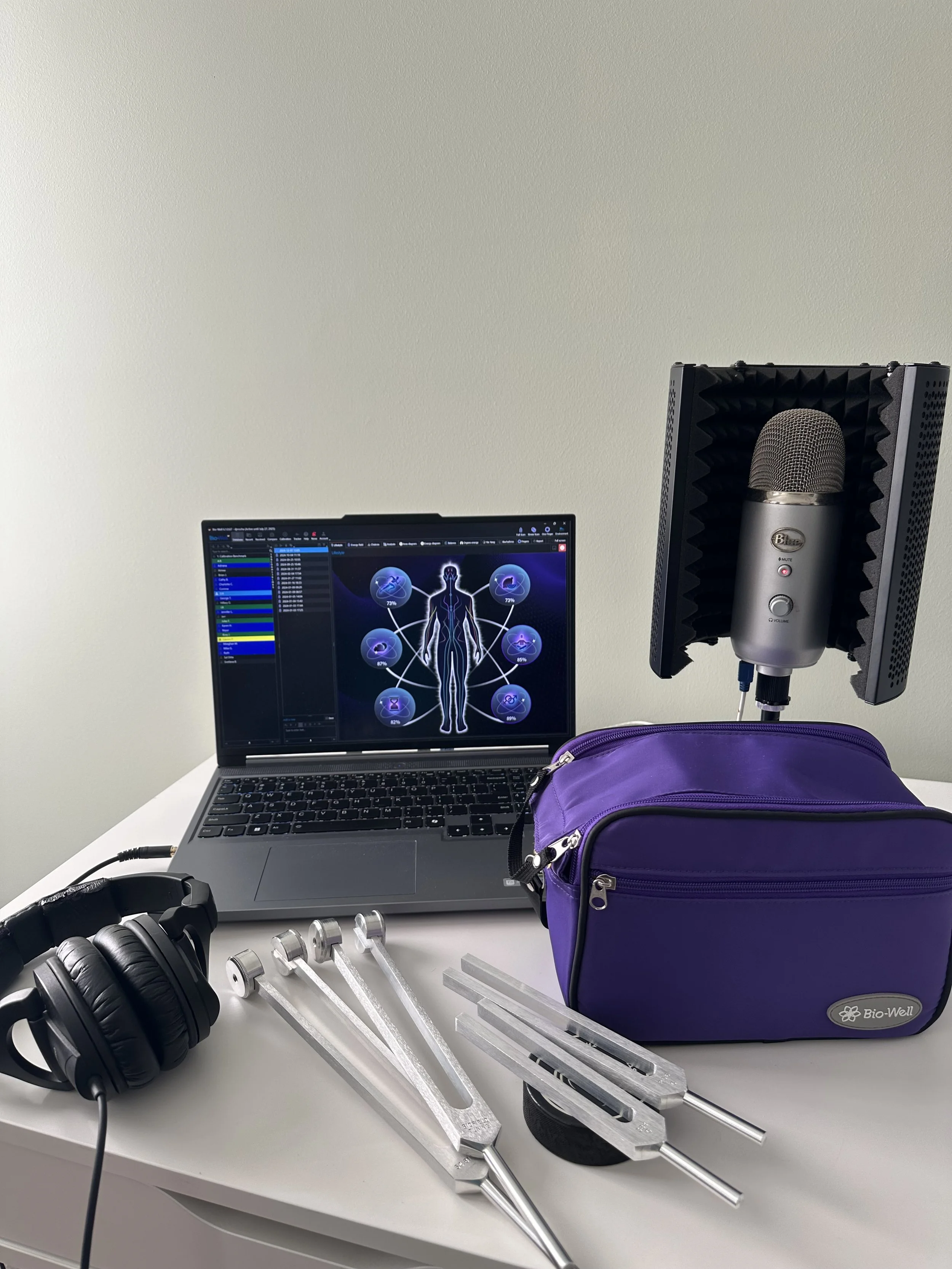 A desk with a laptop displaying a human body diagram with connected circles, a pair of headphones, a purple bag, metal electrode sensors, a microphone on a stand with soundproofing foam panels, and a plain light background.