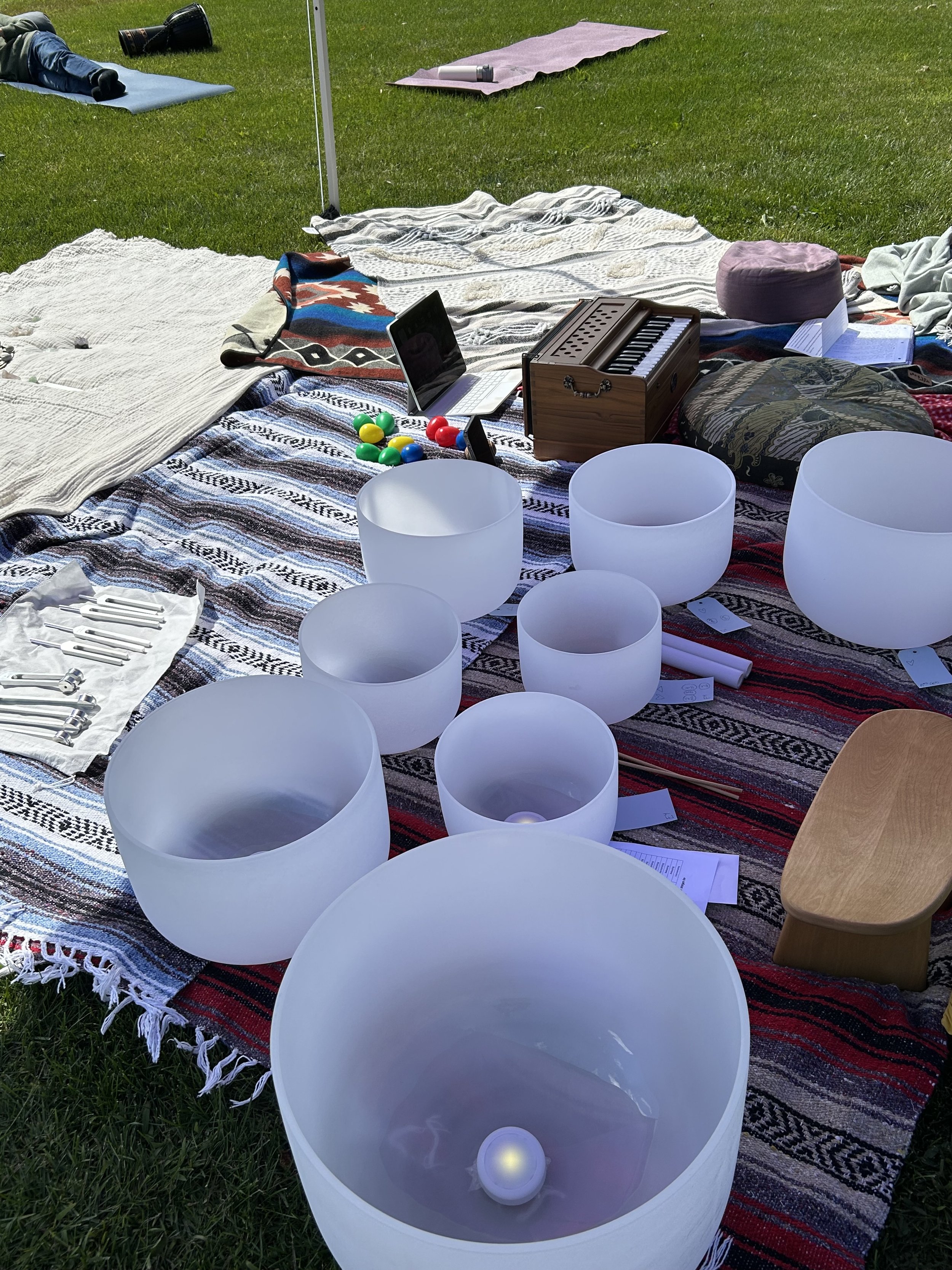 Outdoor setup with crystal singing bowls, a blanket, and various musical and meditation items on a grassy surface.