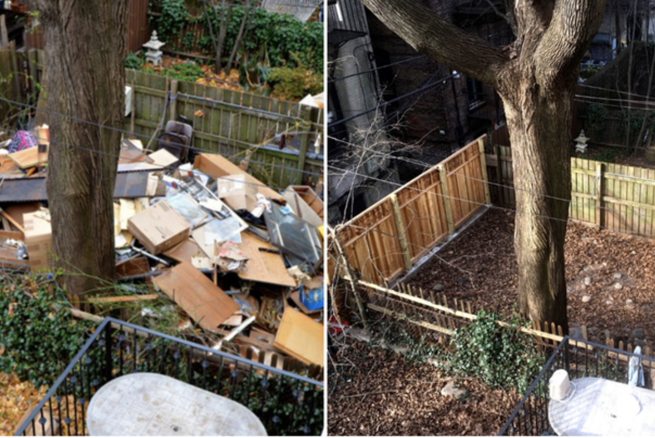 Comparison of a backyard before and after cleanup: the left side shows a yard cluttered with boxes, papers, and debris, while the right side shows the same yard cleaned up with a clear ground, a new wooden fence, and a large tree.