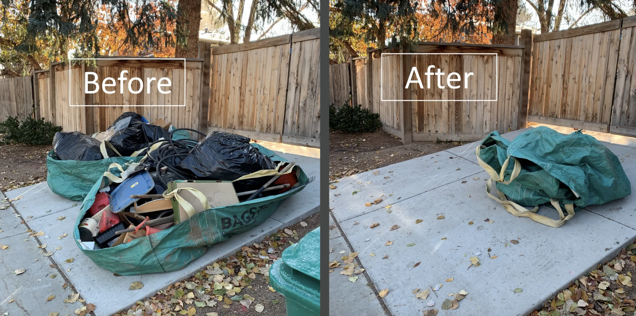 Side-by-side comparison of a yard with a pile of trash bags and miscellaneous debris on the left, labeled 'Before', and a clean yard with a single rolled-up bag on the right, labeled 'After', both scenes with a wooden fence and trees with autumn foliage.