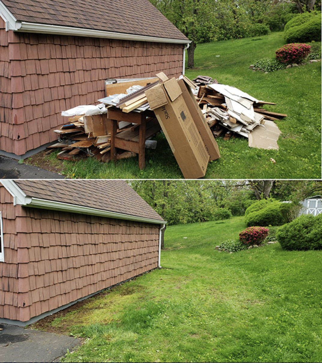 A before-and-after comparison of a yard area. The top image shows a messy pile of cardboard and wooden debris next to a house, while the bottom image shows the yard cleared of debris with clean grass and shrubs.
