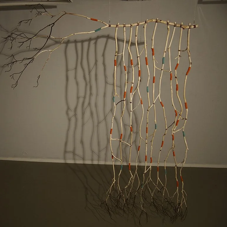 Art installation featuring a suspended branch with hanging, wavy white sticks connected by colorful beads, casting shadows on a gray wall.