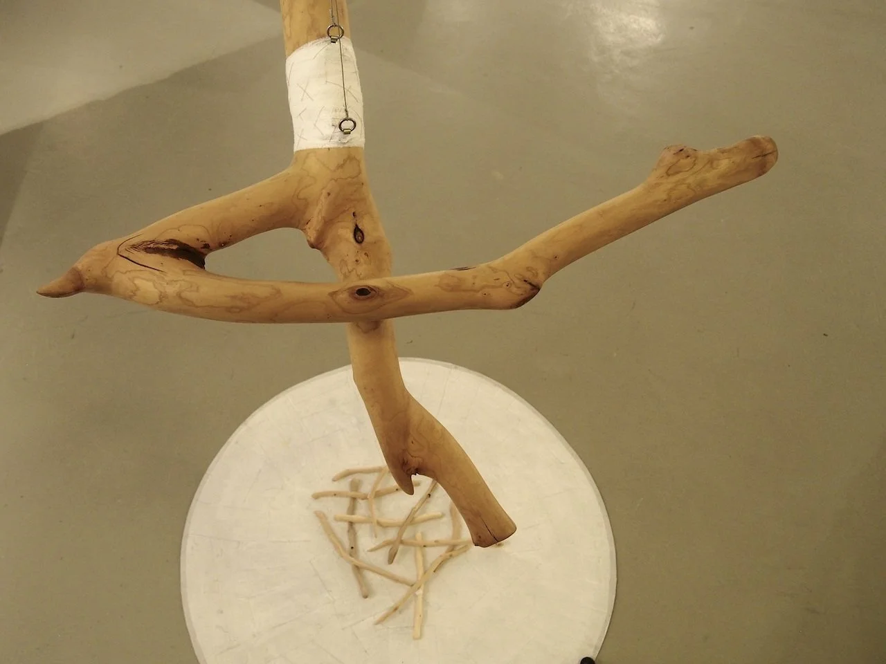 Decorative sculpture made of natural wood branches arranged on a white circular base.