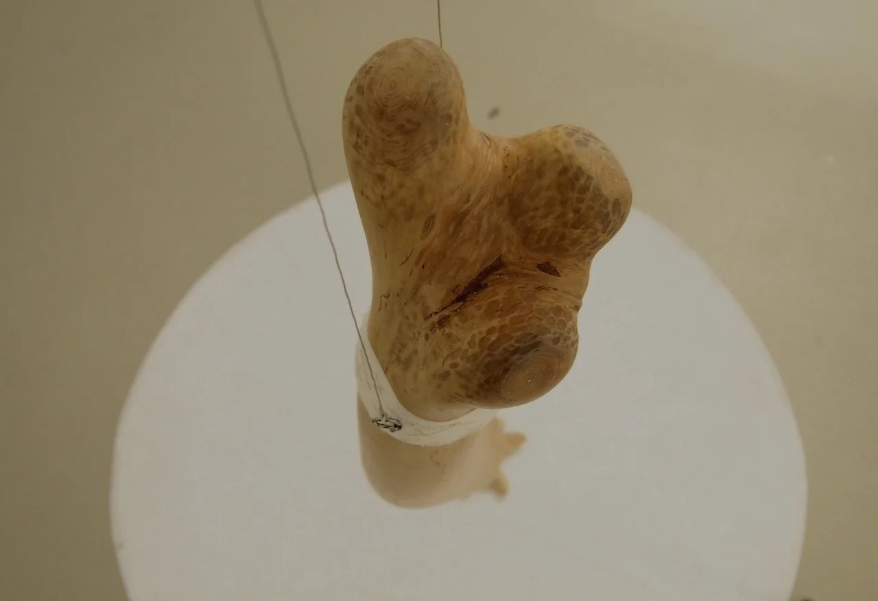 A close-up view of a sculpture resembling a human torso with prominent breasts, mounted on a white stand and attached to wires.