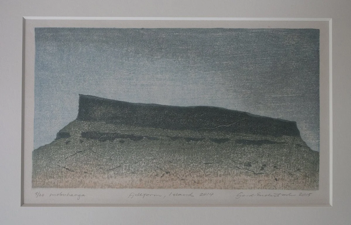 Japanese woodblock print; mokuhanga, of a flat-topped mountain or plateau with a gradient sky background.Inspired by Iceland landscape.