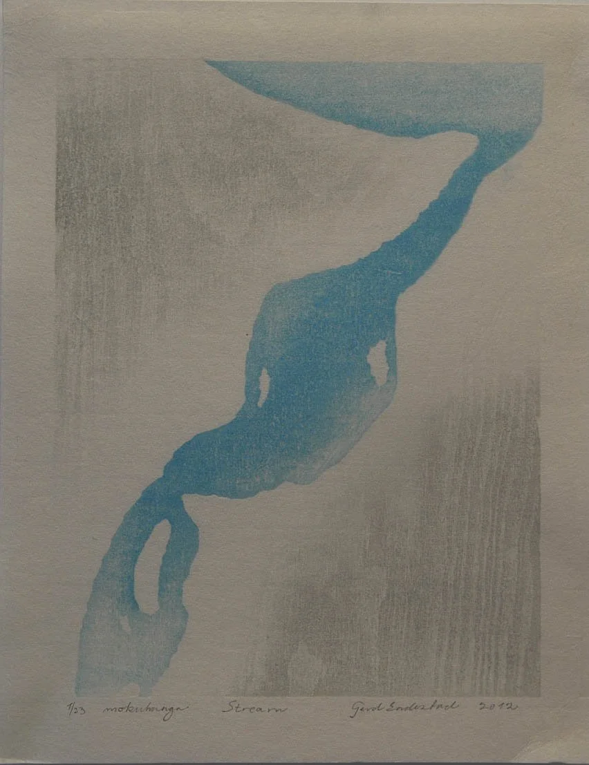 An abstract artwork depicting a blue stream flowing downward on a textured, muted background.