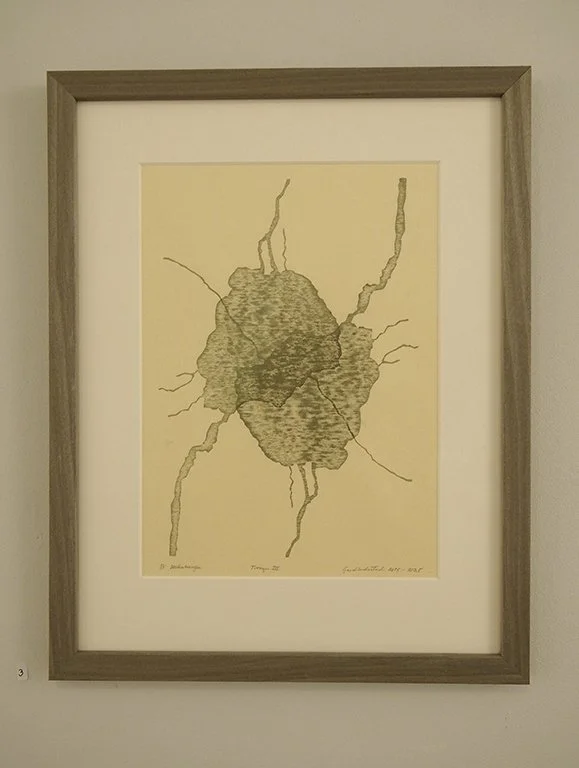 Framed abstract artwork featuring a textured, irregular shape with radiating lines on a yellow background.