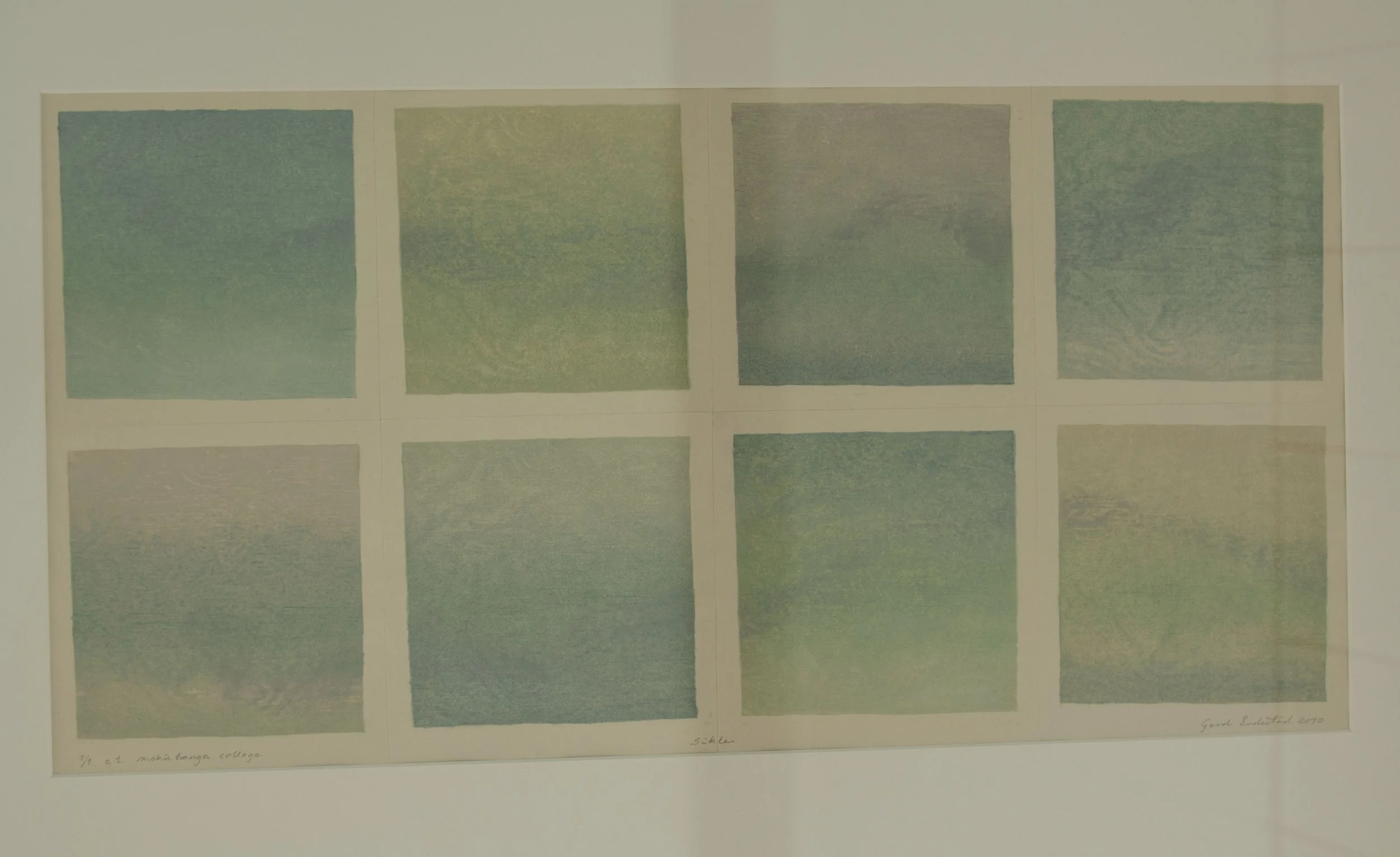 A collage of eight abstract watercolor paintings arranged in two rows and four columns, mostly in shades of green and blue.