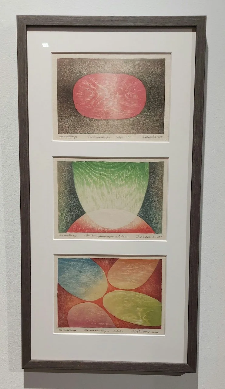 Three abstract color prints framed on a wall, depicting organic shapes with various shades of red, green, blue, and beige.