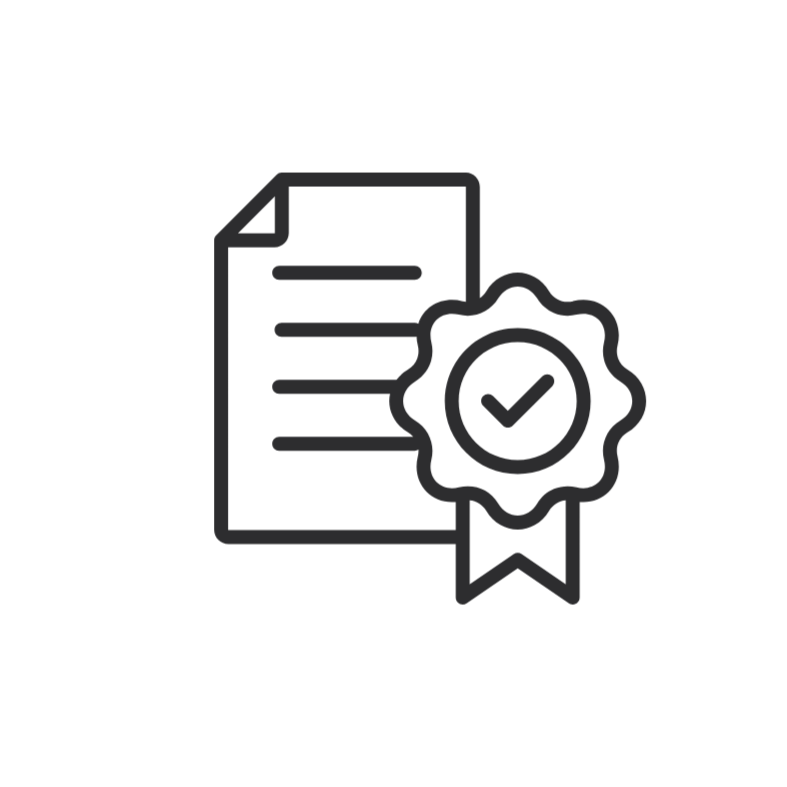 Document with a checkmark and ribbon badge indicating certification or approval.