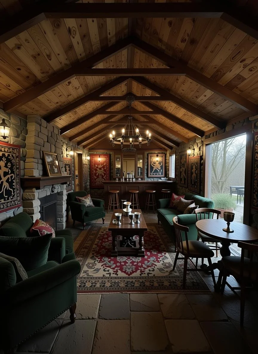 Cozy living room with a vaulted wooden ceiling, stone fireplace, green sofas, and a wooden dining table, illuminated by a chandelier and wall sconces, with a view of the outdoor patio through large windows.