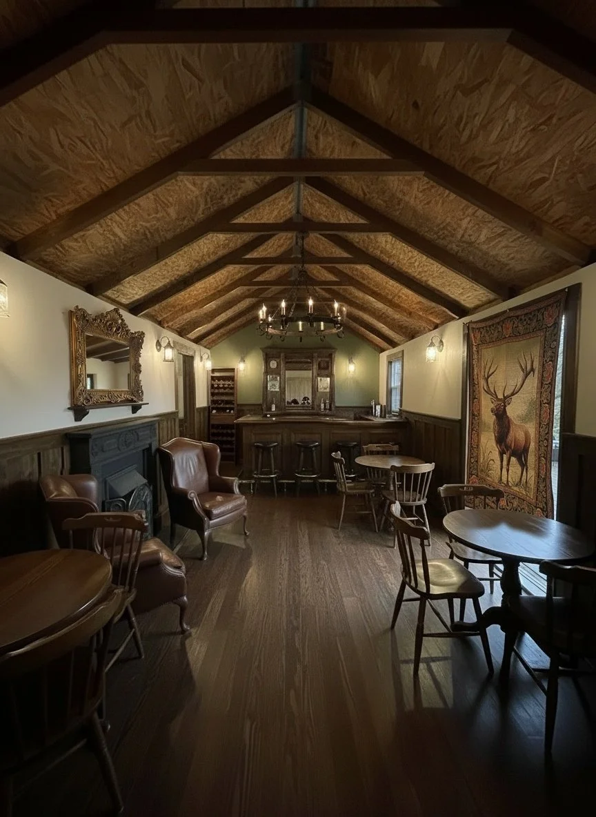 Interior of a cozy, rustic-style bar or lounge with wood-paneled ceiling and flooring, featuring leather armchairs, wooden chairs, a bar area with barstools, a decorative mirror, a large tapestry of a stag, and a chandelier.