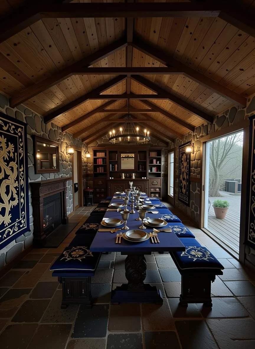 A dining room with a long black table set for a meal, with blue cushions and ornate placemats, surrounded by stone walls, wooden ceiling, and large windows showing an outdoor deck and trees.