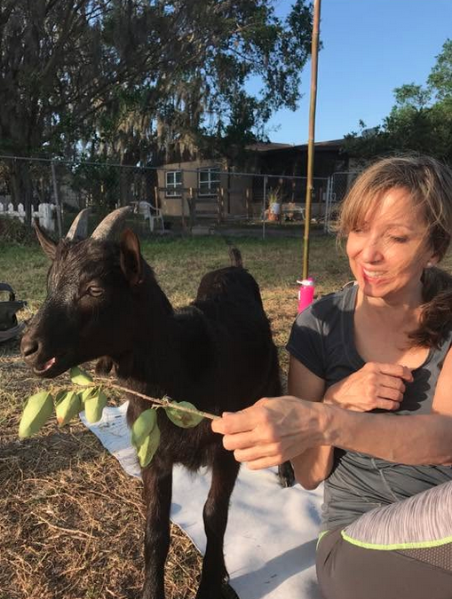 A woman sitting outdoors, smiling, holding a small branch with leaves near a black goat with curved horns. There are trees, a house, and a fence in the background.