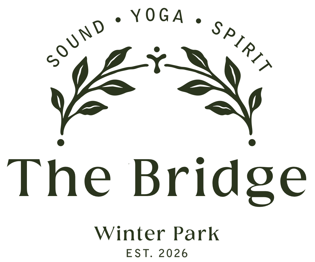 Logo for The Bridge, a wellness organization. Features green leafy branches, with the words 'Sound', 'YOGA', 'Spirit' arched above, and 'The Bridge' and 'Winter Park' below, with 'Est. 2026' at the bottom.