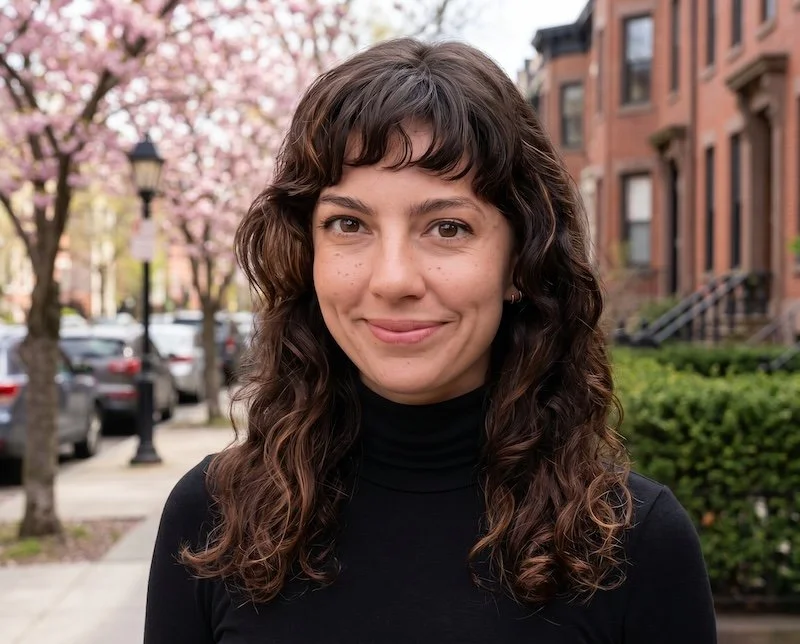 woman with curly brown hair smiling outdoors in residential neighborhood with trees and brick buildings.