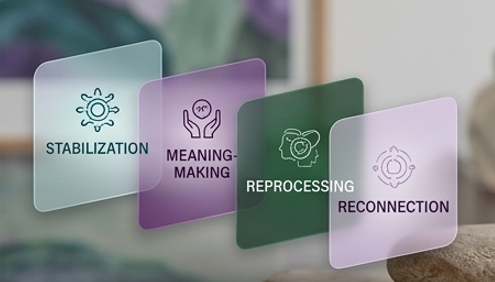 Four transparent cards with icons and text, labeled as Stabilization, Meaning-Making, Reprocessing, and Reconnection, arranged in a sequence.