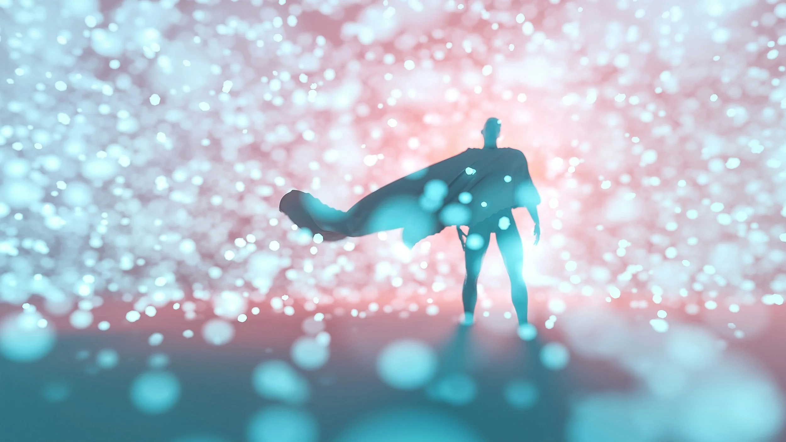 Silhouette of a superhero with a cape against a bokeh background of pink and blue lights.