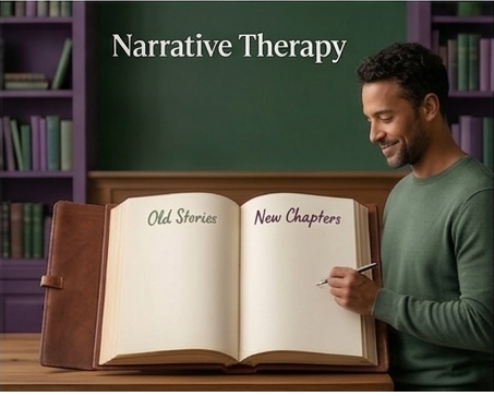 A man smiling and holding a pen next to a large open book in a library or bookstore, with the words 'Old Stories' and 'New Chapters' written inside the book. The background has shelves of books and a sign reading 'Narrative Therapy'.