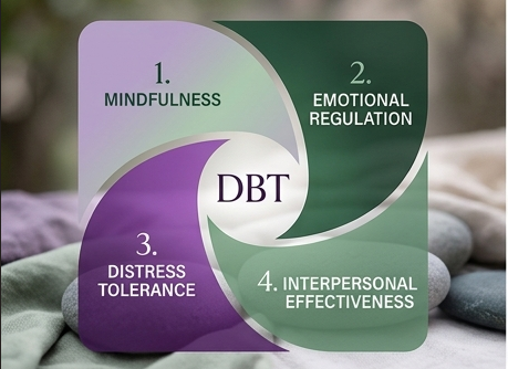Diagram illustrating four components of Dialectical Behavior Therapy (DBT): mindfulness, emotional regulation, distress tolerance, and interpersonal effectiveness.