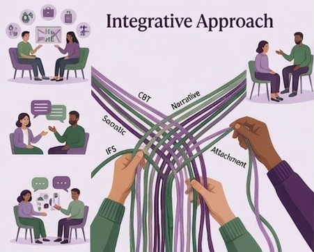 Illustration showing intertwining green and purple strings labeled with therapy approaches like CBT, Narrative, Sandplay, Attachment, and IFS, with hands weaving them, representing an integrative approach to therapy. On the left, there are three groups of people engaging in therapy activities.