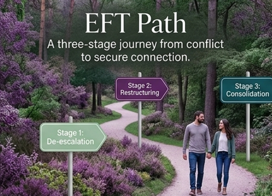 Image of a park scene with two people walking along a path, surrounded by trees and purple flowering bushes. Overlaid text explains the 'EFT Path,' a journey through three stages from conflict to connection: Stage 1 'De-escalation,' Stage 2 'Restructuring,' and Stage 3 'Consolidation.'