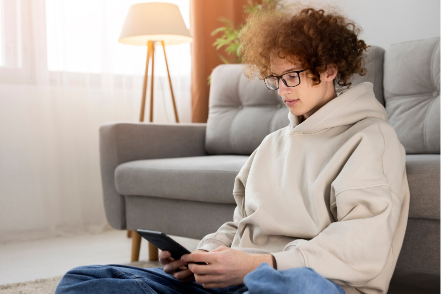 A young person with curly hair and glasses sitting on the floor, looking at a smartphone, in a living room with a gray couch and a wooden lamp in the background.