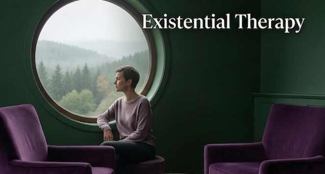 A woman sitting by a round window overlooking a forested landscape with misty mountains, with the words "Existential Therapy" at the top right.