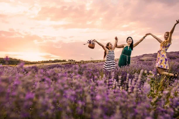 Three women standing in a lavender field at sunset, holding hands and smiling.