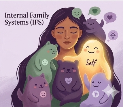 Illustration of a woman with long dark hair surrounded by colorful cartoon animals and symbols representing different parts of internal family systems (IFS), including a glowing figure labeled 'Self' and various emotion icons.