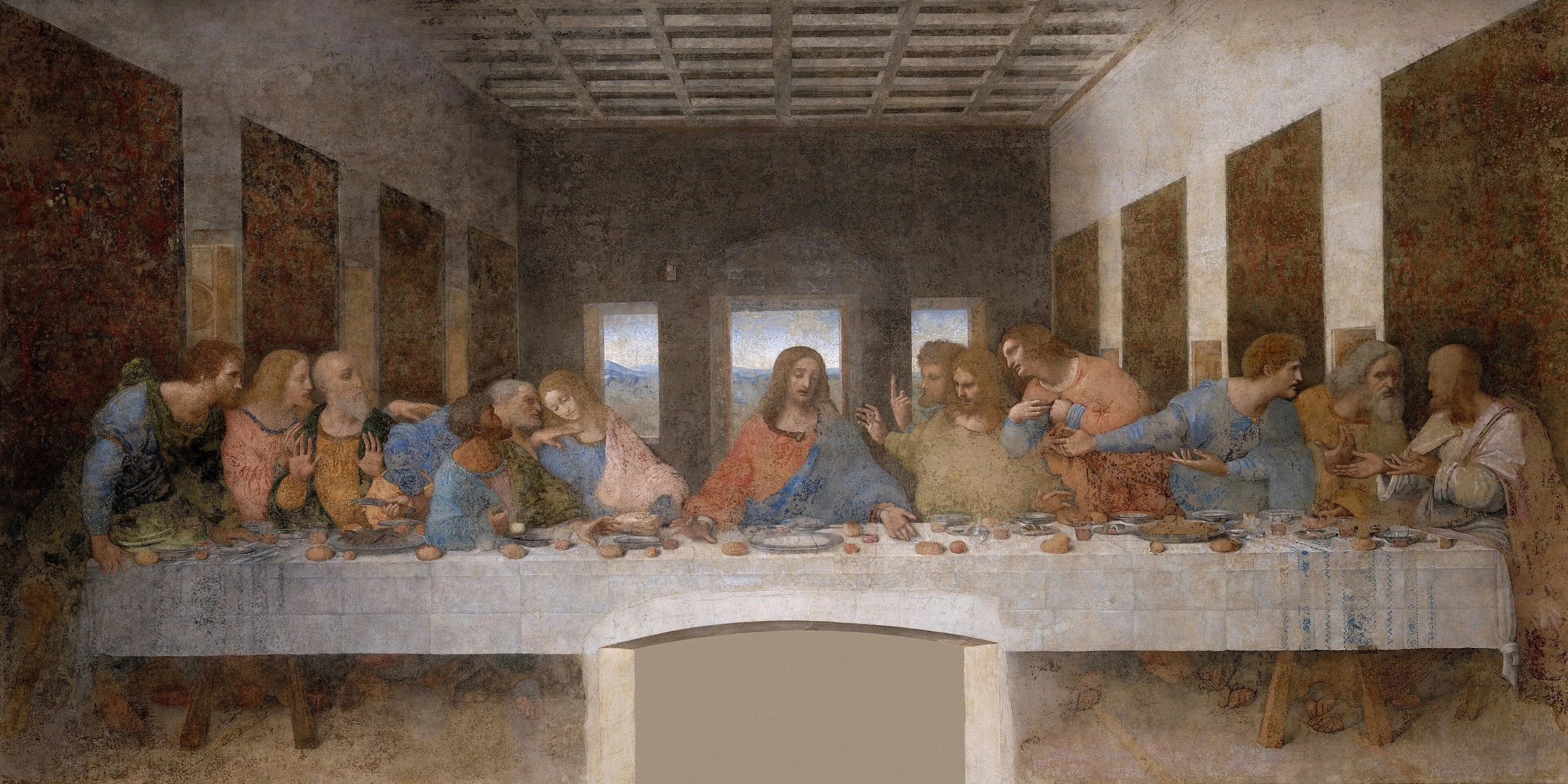 Fresco painting of The Last Supper with Jesus and twelve apostles sitting at a long table.