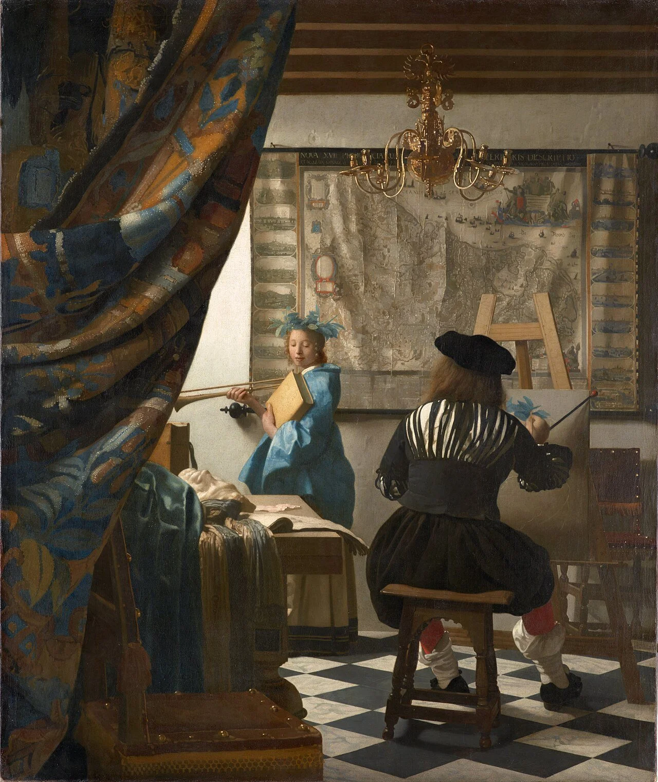 A realistic painting depicting two women in historical attire, one seated at an easel painting, and the other standing with a violin, in an artist's studio with paintings, textiles, and a chandelier.