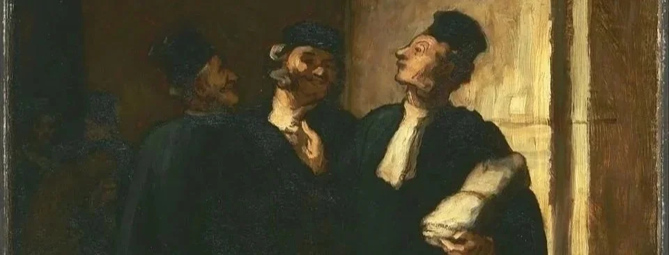 Painting of three women in black dresses and hats in an argument or heated discussion indoors.