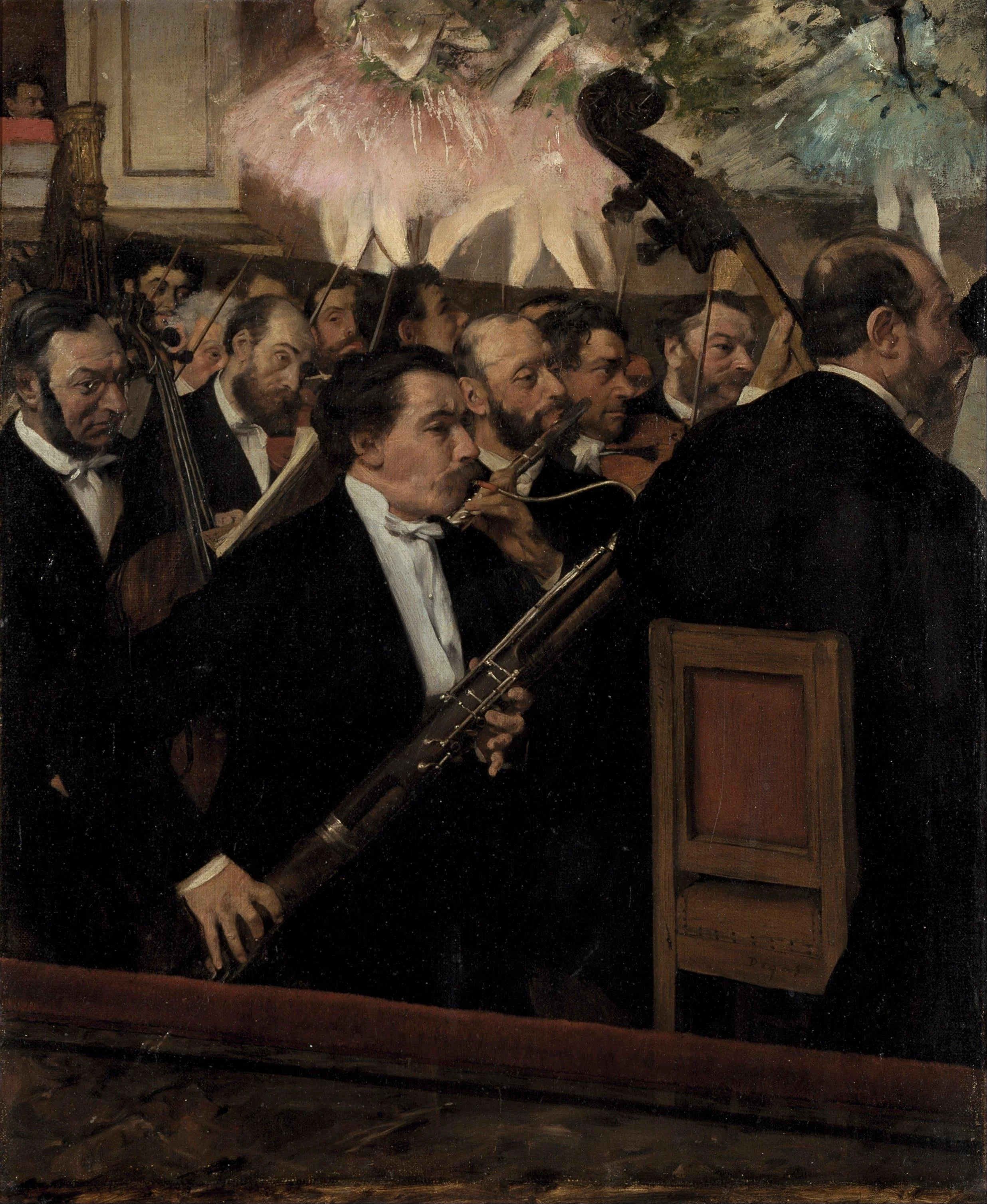 An oil painting depicting musicians in formal attire playing instruments, with a cat on a balcony above them.