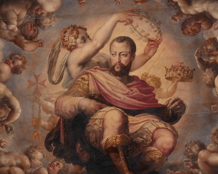A classical painting of a regal man seated on a throne, surrounded by clouds and cherubs. A woman with a floral crown appears to crown him with a laurel wreath.