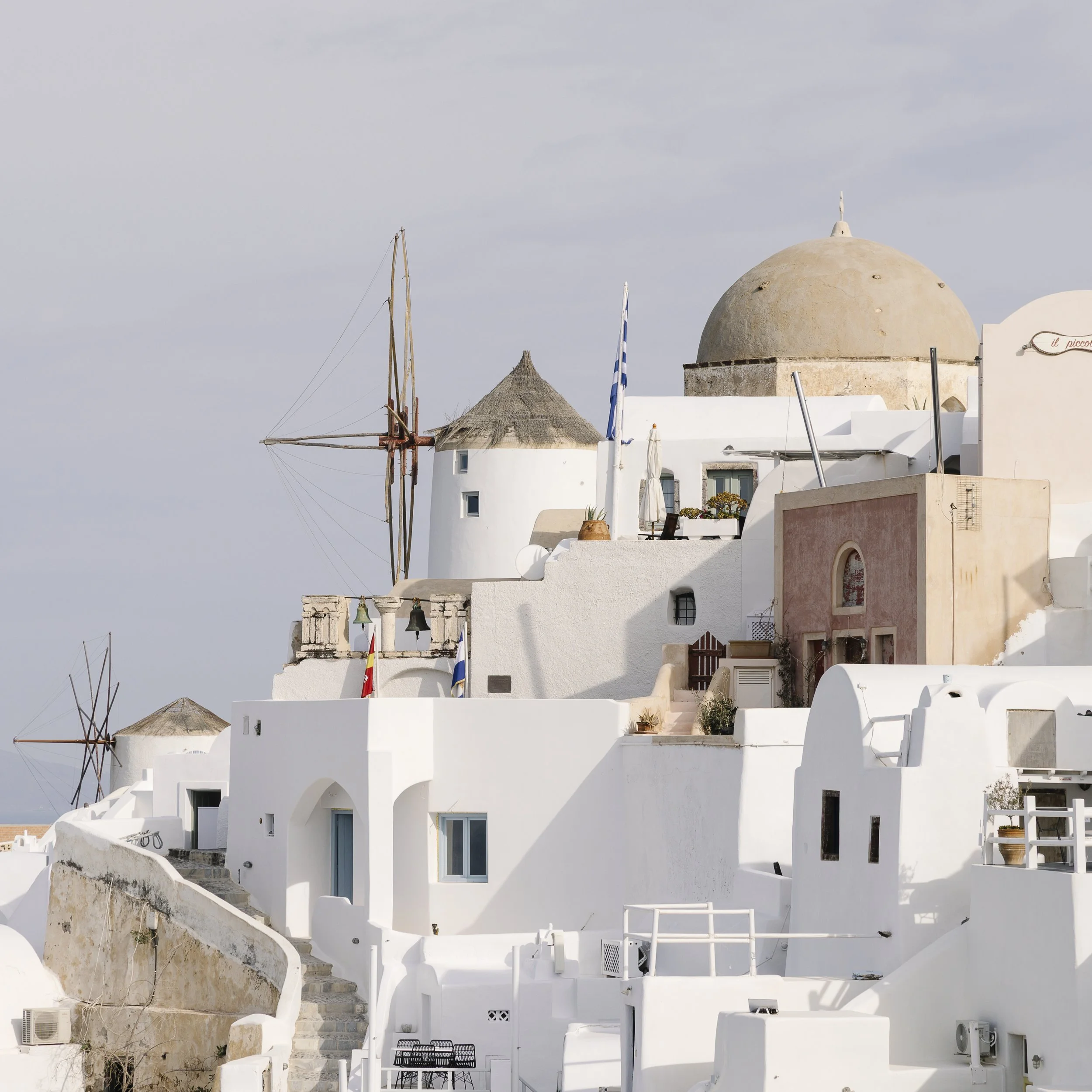 Oia Windmill & Village Rooftops — Santorini Framed Print