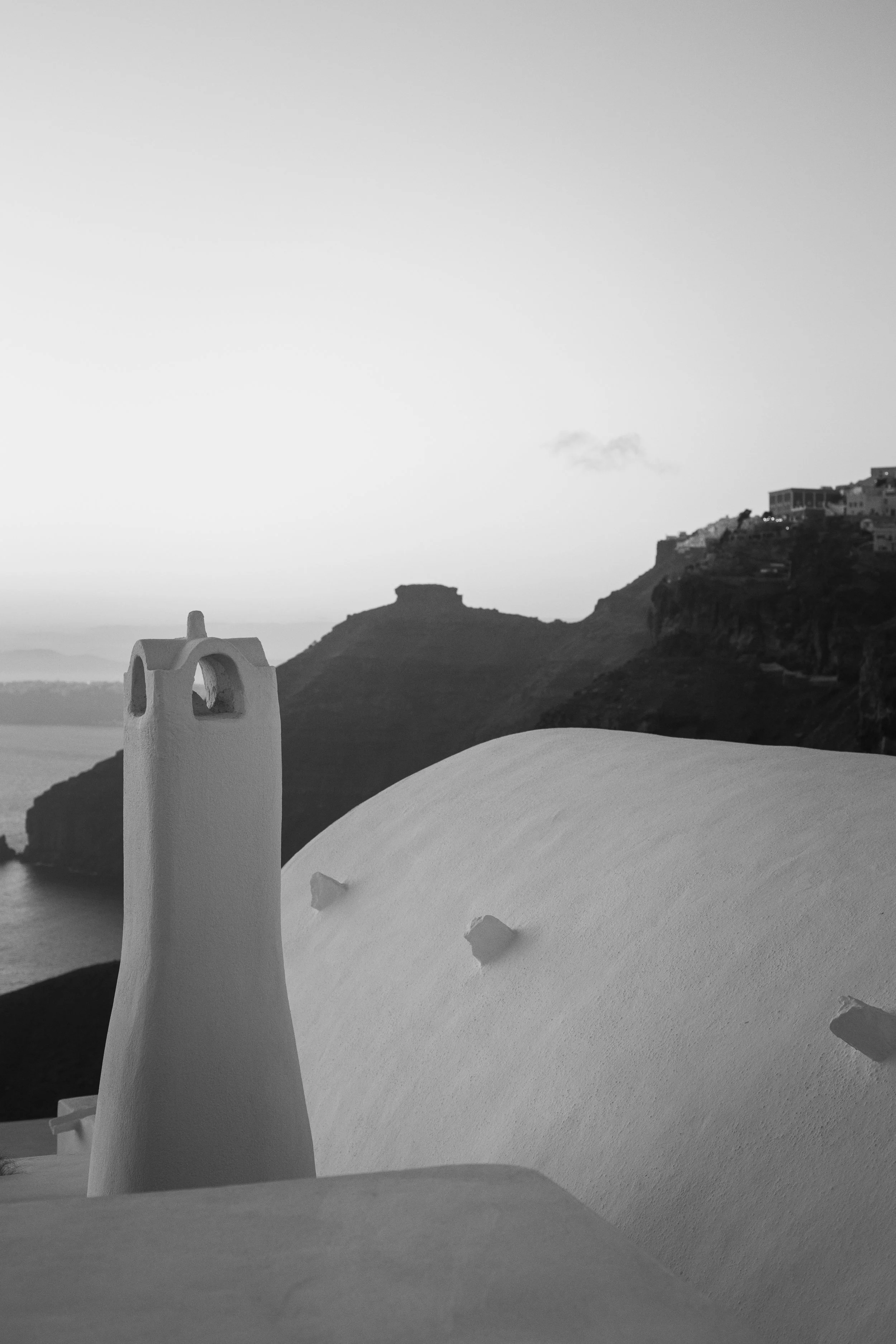 Fira Chimney & Caldera — Santorini Framed Print, Black & White