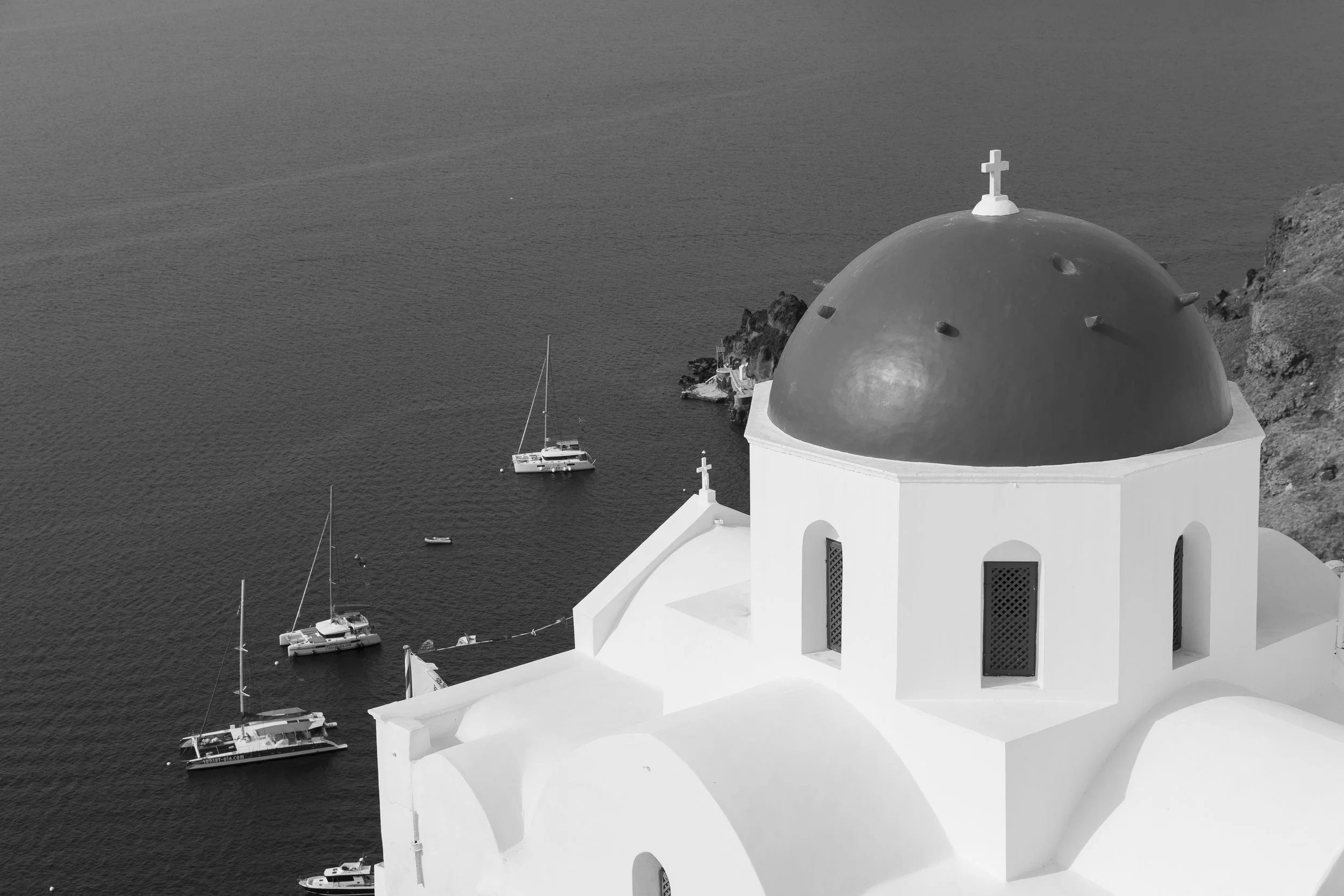 Oia Dome & Caldera — Santorini Acrylic Print, Black & White