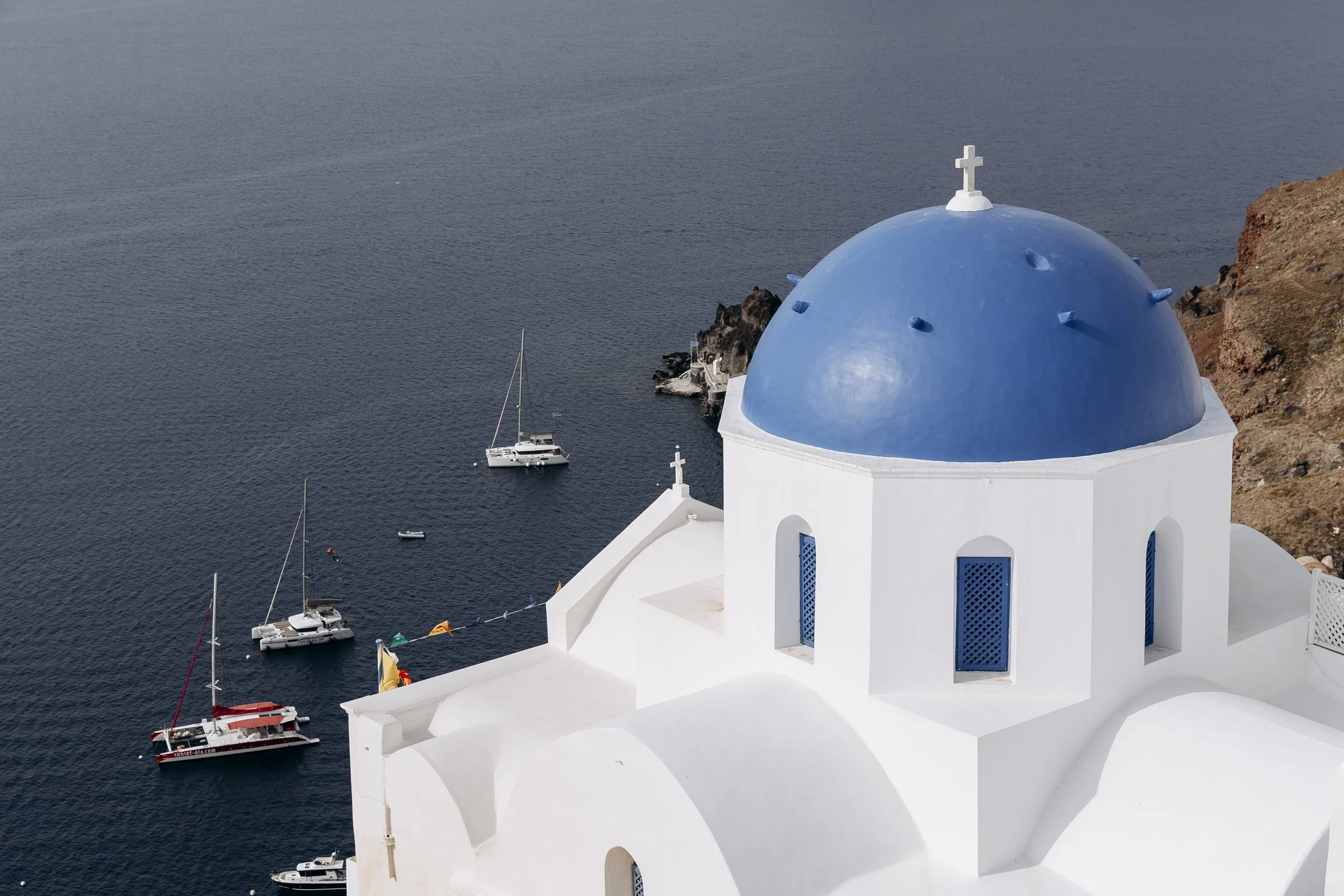 Oia Blue Dome & Sailboats — Santorini Acrylic Print