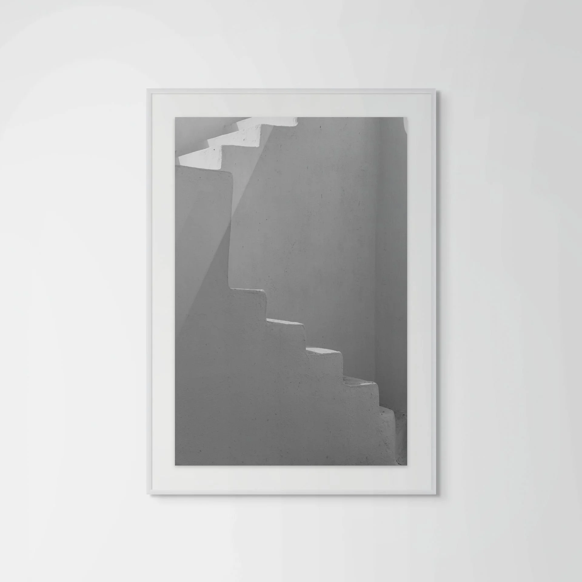 Black and white Santorini staircase fine art print framed - Greek island architecture photography by Eva Rendl Studio