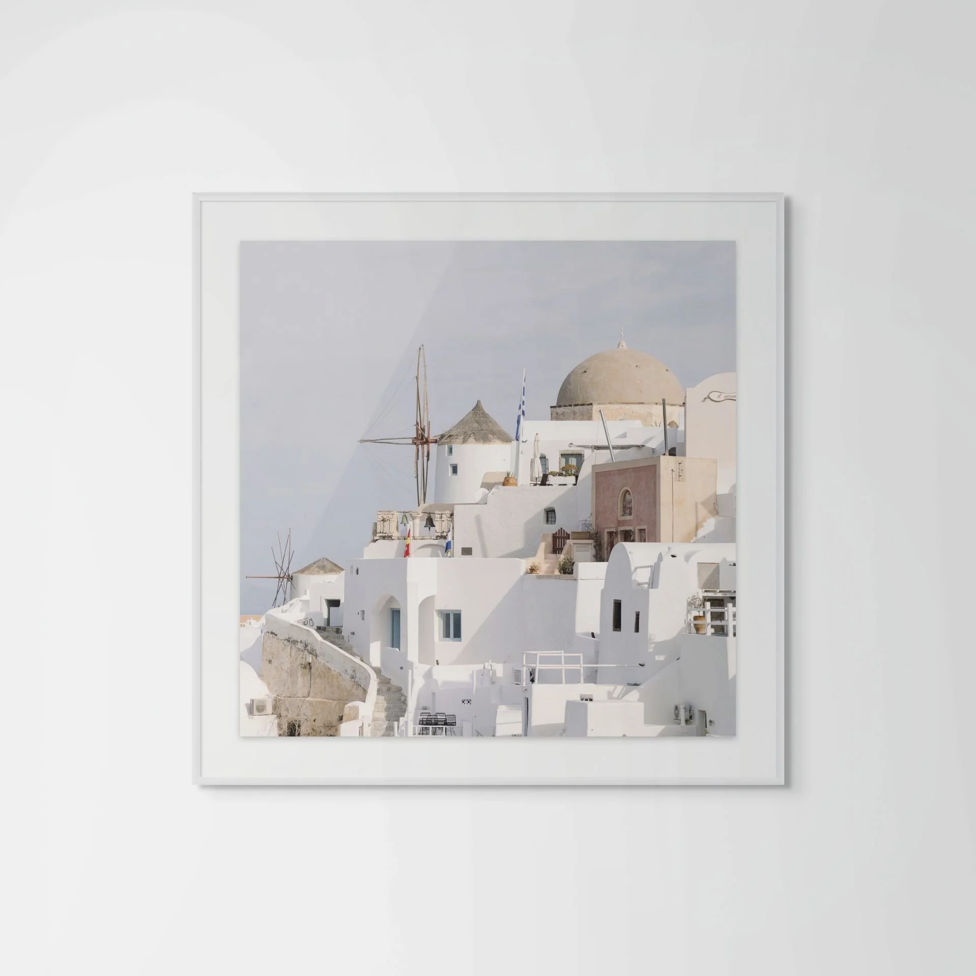 Santorini wall art framed print - Oia blue domes and Aegean Sea photography by Eva Rendl