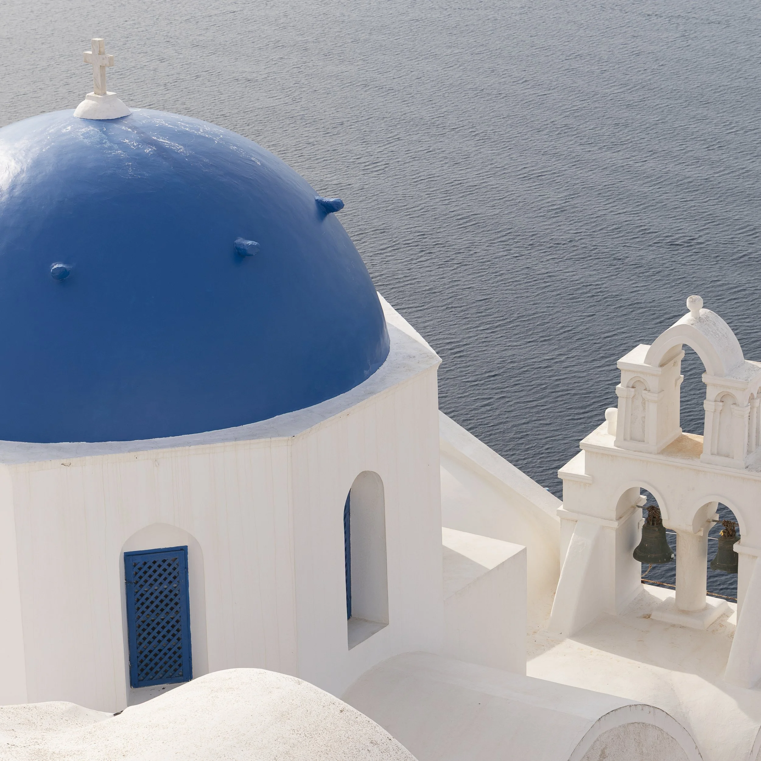 Oia Blue Dome & Bell Tower — Santorini Framed Print
