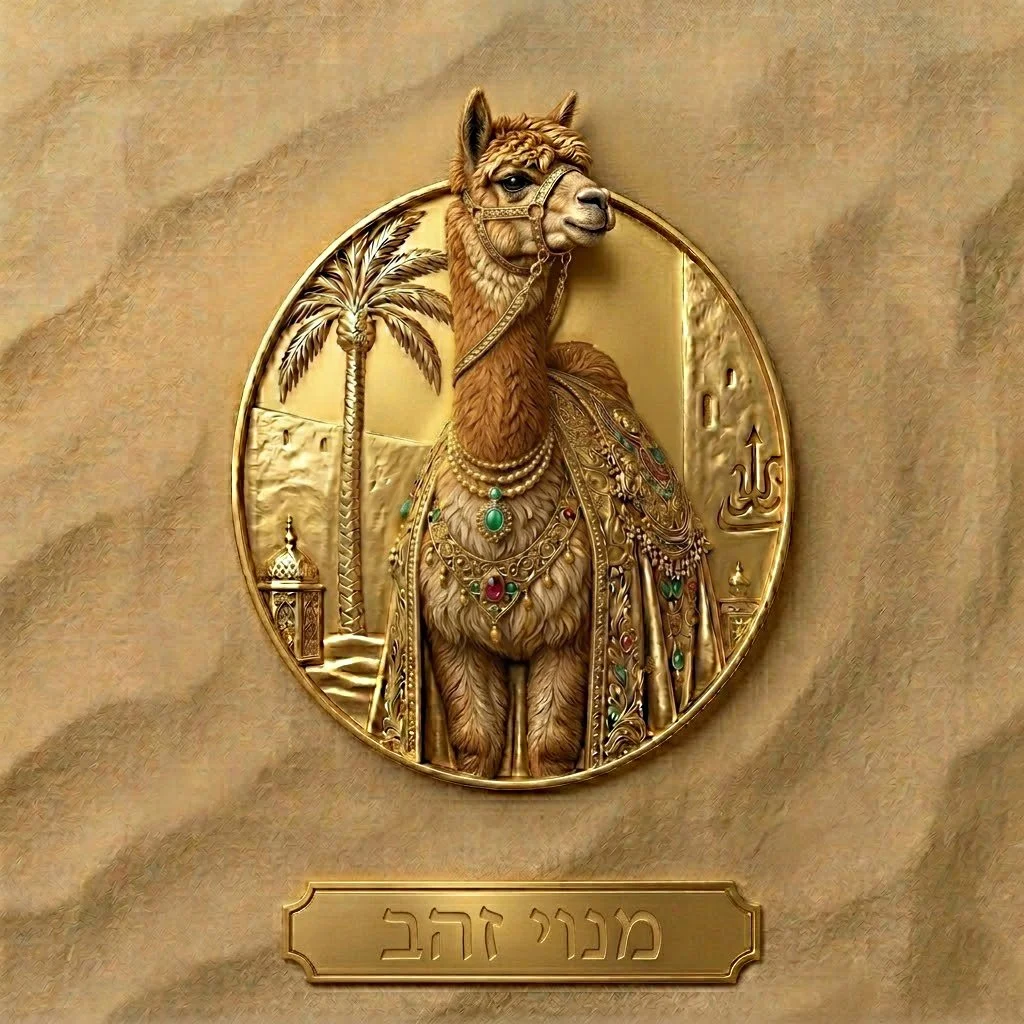 A golden emblem featuring a llama adorned with jewelry, standing in front of a palm tree with ancient symbols to the right. The background is textured gold. Beneath the emblem, there is Hebrew text that reads 'Mino Zohab'.