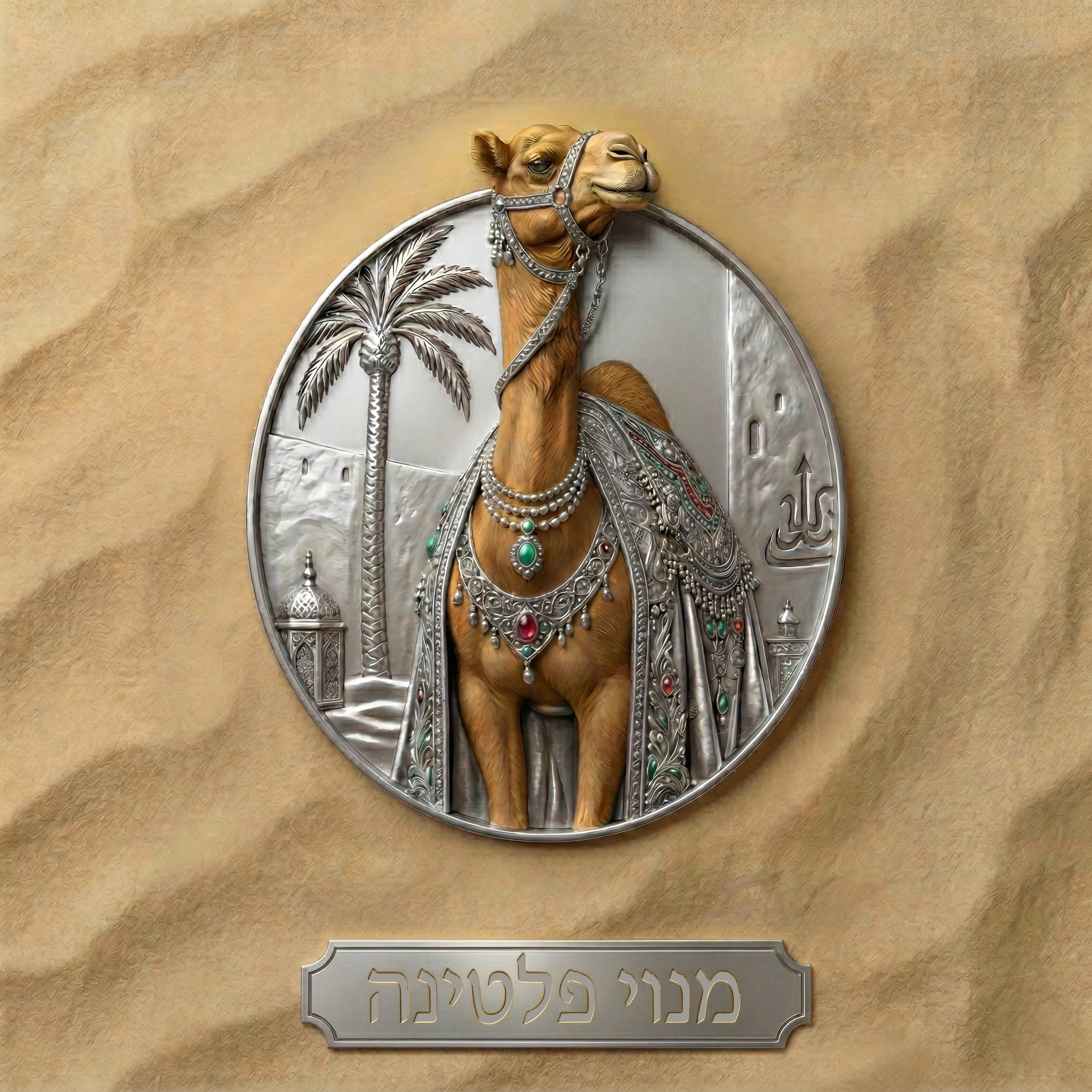 A decorative wall plaque of a camel with jewelry, in front of a background with a palm tree and a decorative element, with a brown textured wall and a silver plaque with inscription.